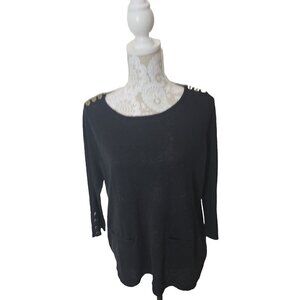 Gretchen Scott Sweater Black 3/4 Sleeve Pockets Gold Buttons Women's Medium